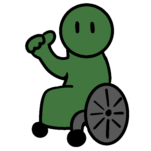 A green figure in a wheelchair pointing to themselves.